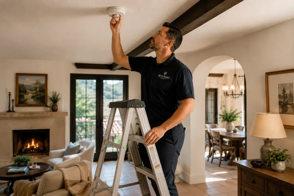 the fifty point Man fixing smoke detector in cozy living room
