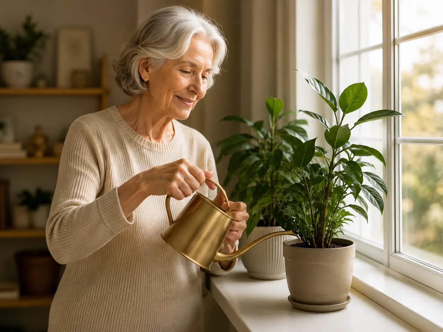 Homeowner watering a plant in a bright, comfortable home